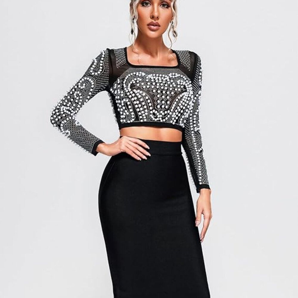 Black  Pearl Rhinestone Crop Top